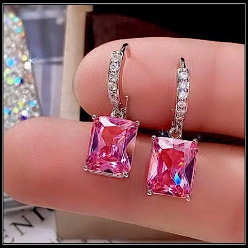 NEW WHITE GOLD BAGUETTE SQUARE PRINCESS PINK SAPPHIRE AMETHYST DIAMOND EARRINGS